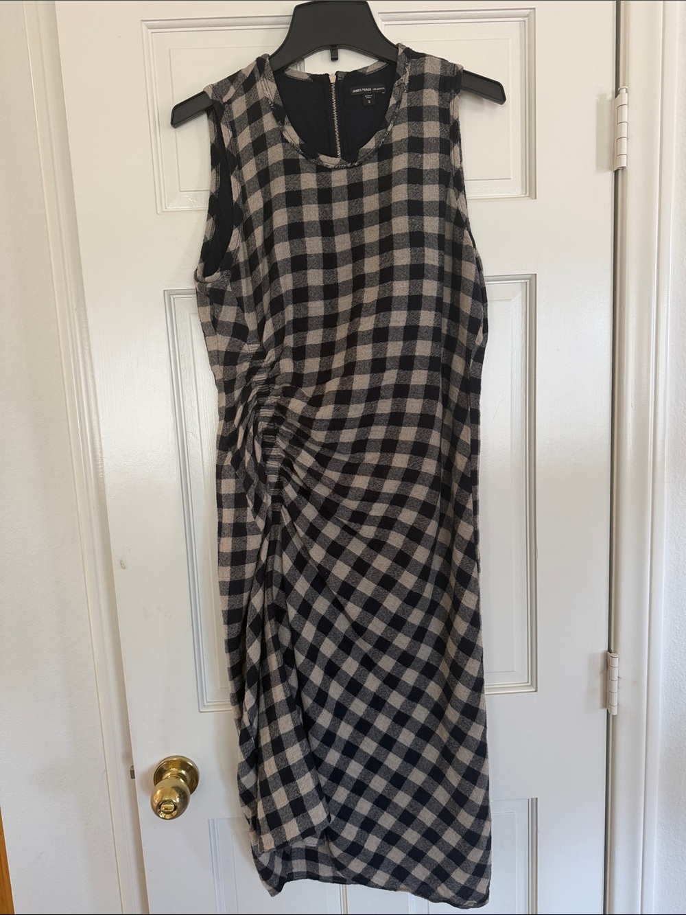 James Perse Black and Tan Sleeveless Ruched Plaid Midi Dress